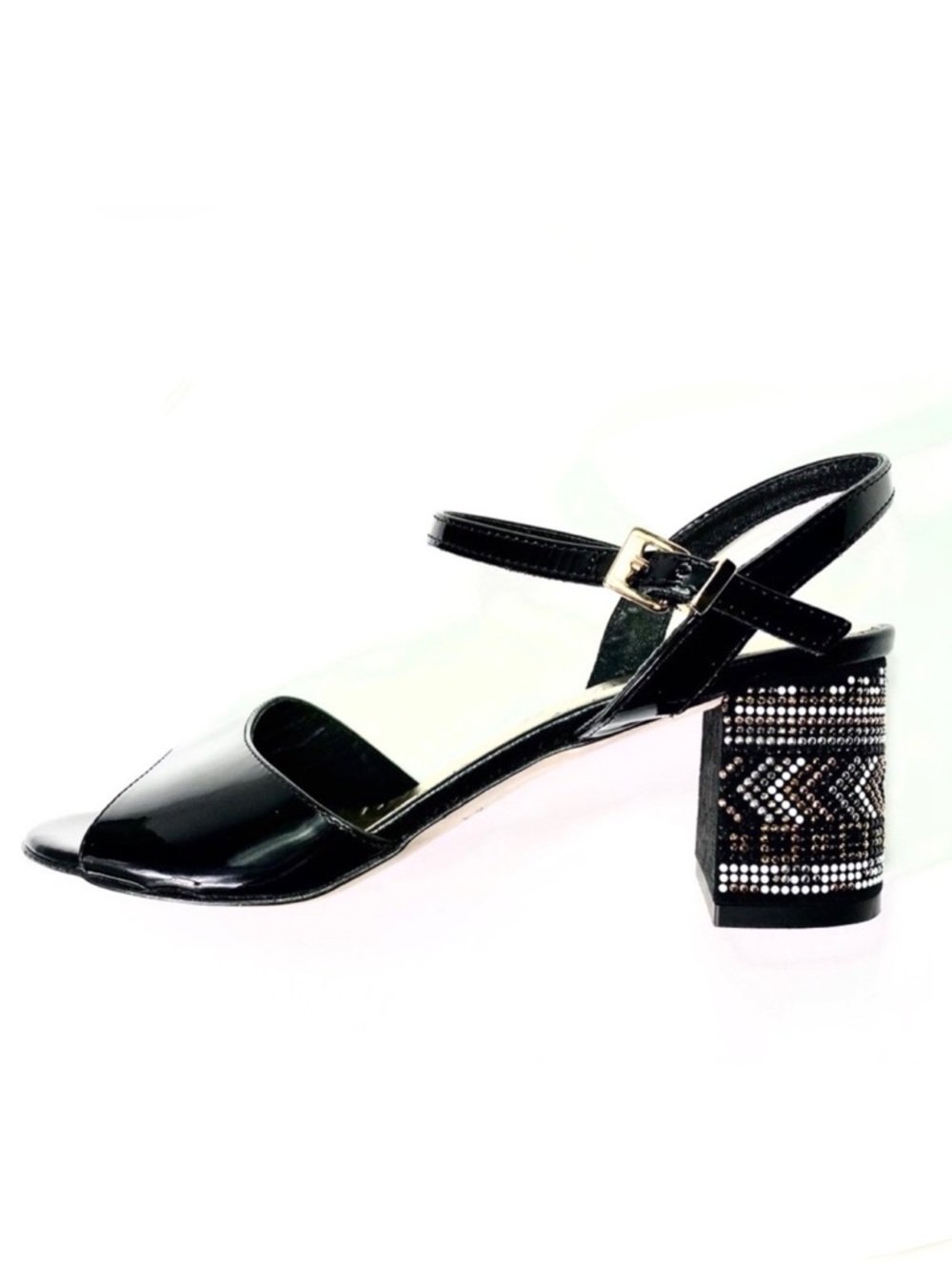 Patent leather sandals, embellished  stacked heel, metallic beads, Italian, NEW